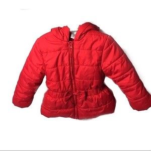 Red Hooded Puffer Coat with Bow Waist Detail